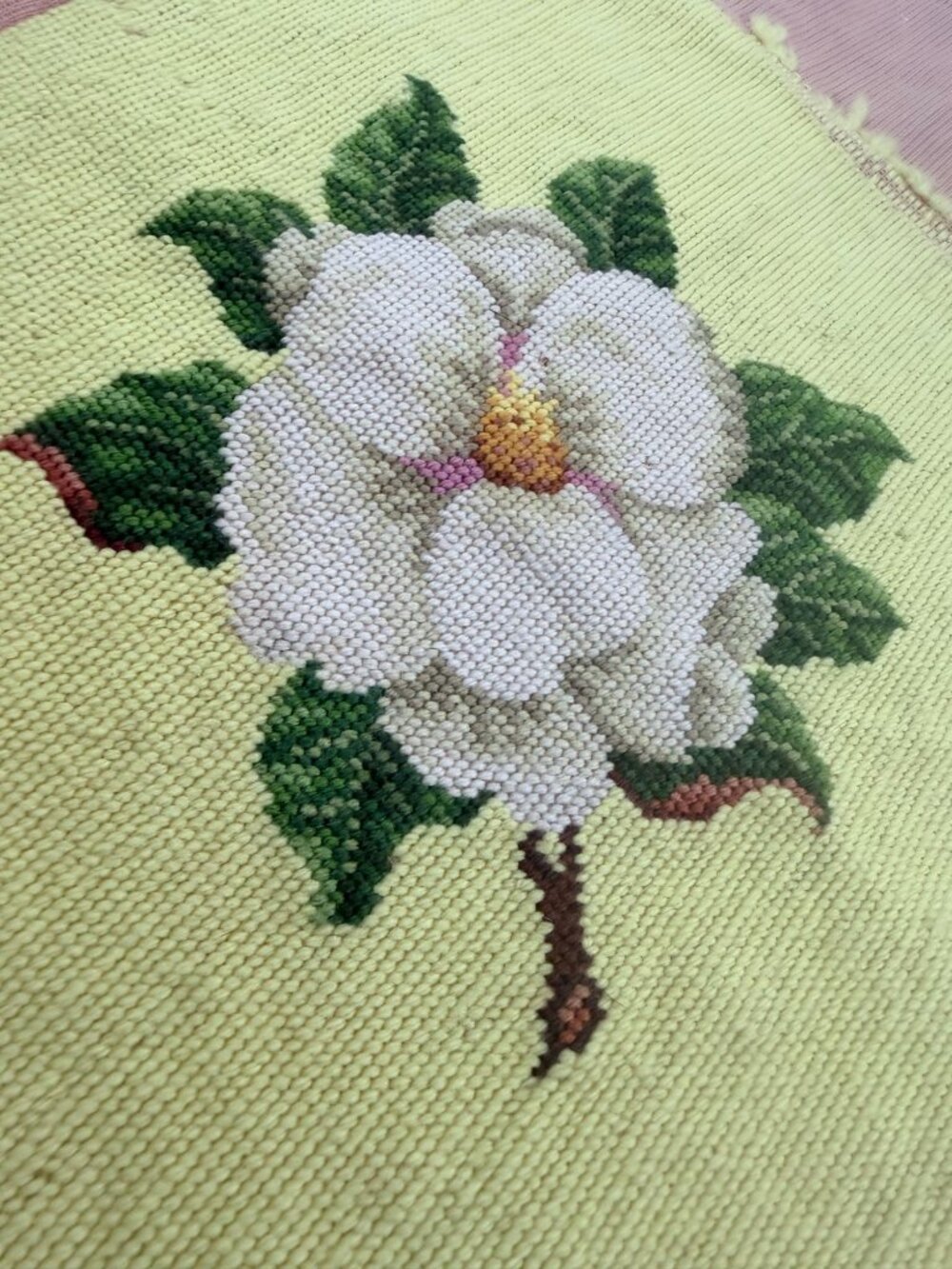 Vintage Needlepoint Magnolia Flower Canvas Lime Green Chair Pad 14x14" finish - Picture 2 of 3
